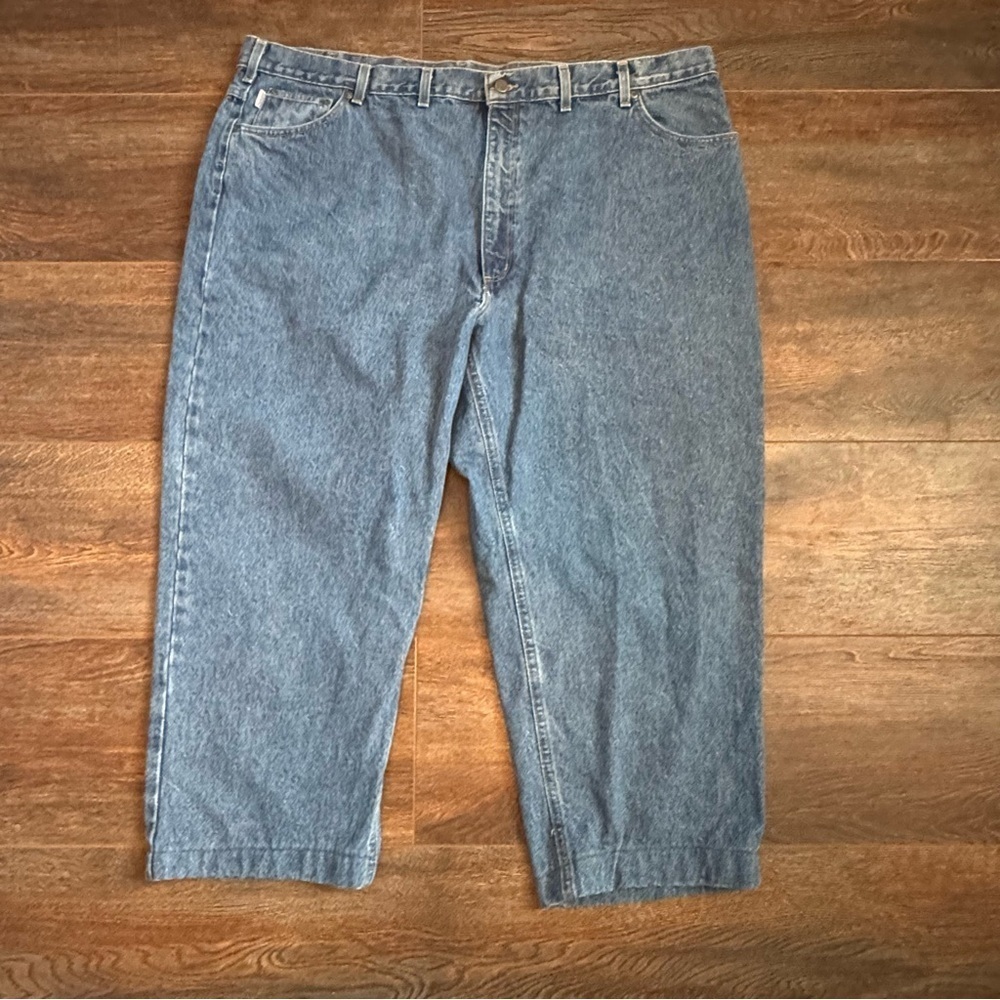 Carhartt Men’s Blue Denim Jorts Pants Size 50x25  Straight 07 Leather Patch
